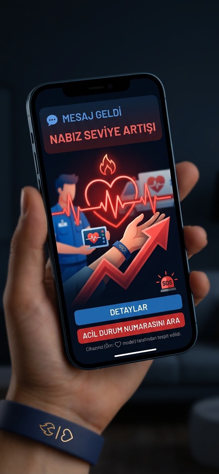 FYBS bilekliğiyle nabız uyarısını gösteren telefon