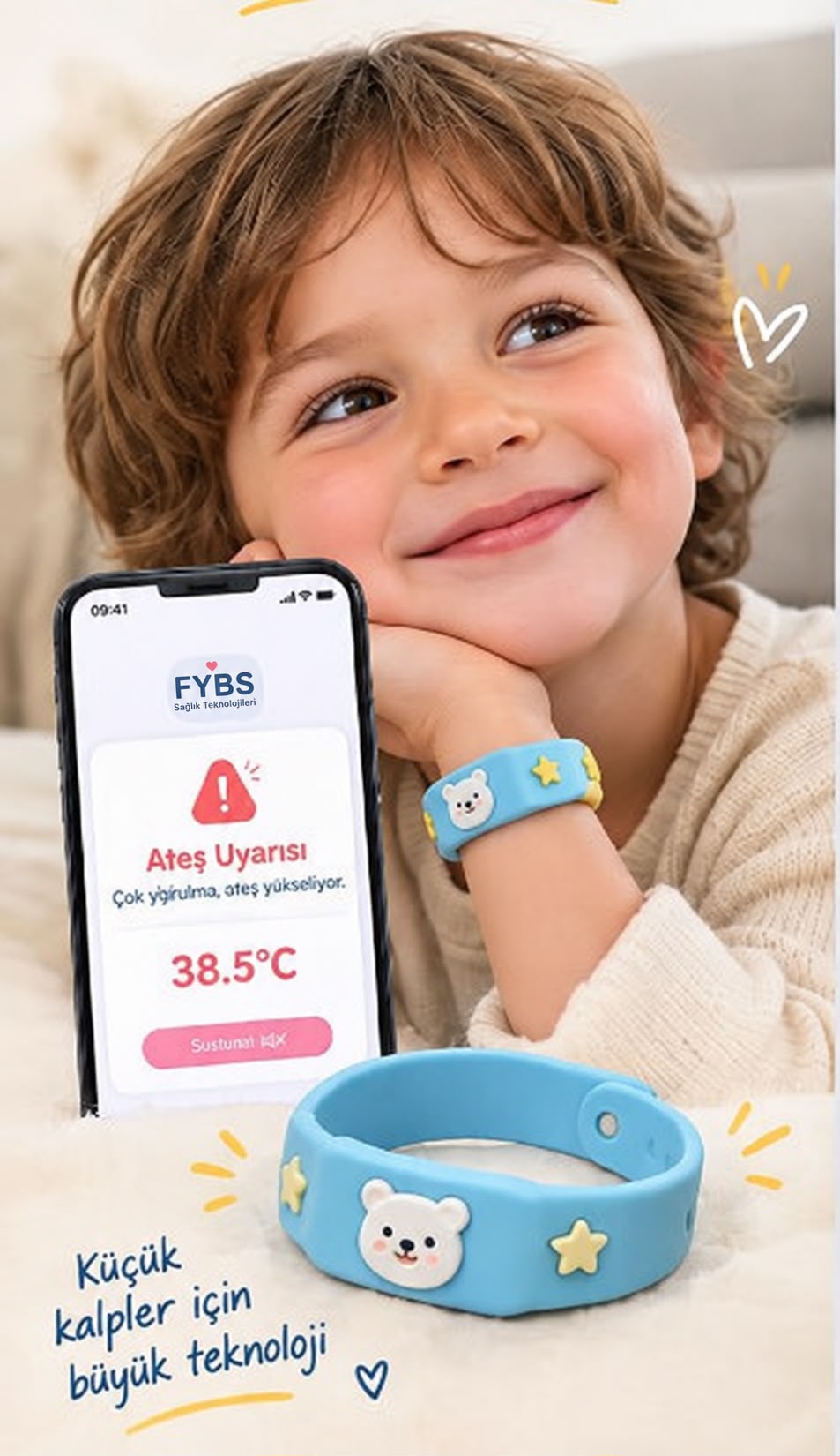 Termokids bilekliği kullanan çocuk ve ateş uyarısı gösteren telefon